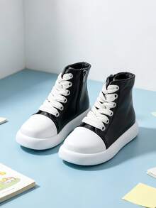 1 Pair Kids' Colorblock Chunky Strap High-Top Ankle Boots With Side Zipper For Easy On/Off, Suitable For School, Casual Wear, All-Season Versatile - Black - View 6
