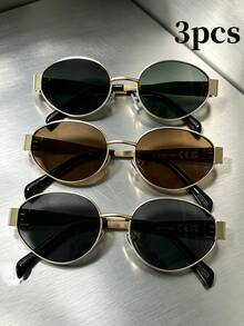 3pcs/Set Summer Fashion Eyeglasses Combo, Retro Oval Metal Frame Decorative Glasses, Unisex Street Photography Daily Commute Accessory, Y2K Aesthetic - Oval Three-piece Set - View 6