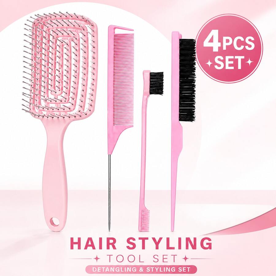 4PCS Hair Styling Brush Set, Detangling Brush, Rat Tail Comb, Edge Brush & Smoothing Brush For Slick Back Hair, Parting,Daily Styling - 4pcs - View 1