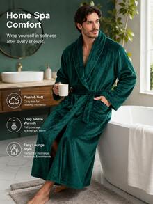 1pc Men's Solid Color Flannel Bathrobe, Shawl Collar Long Plush Bathrobe, Soft Casual Home Bathrobe, Comfortable Home Bathrobe - Multicolor - View 2