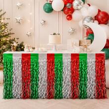 1pc Christmas Red Green Silver 3-Color Wavy Metallic Tassel Table Skirt, 275*75cm, Suitable For Rectangular And Round Tables, Baby Shower, 1st Birthday, Christmas Dessert Table And Holiday Party Decoration - Multicolor - View 4