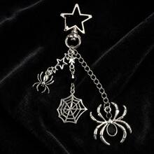 1PC Halloween Gothic Spider Chain Brooch Pin, Antique Silver‑Toned Star Web Dangle Lapel Pin For Party Costume Accessory - Silver - View 5
