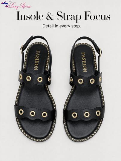 LangMoon Ashlee LangMoon Black Wavy Double Strap Metal Eyelet Buckle Flat Sandals, Minimalist Clean Style Spring Summer Autumn Versatile Elegant Shoes