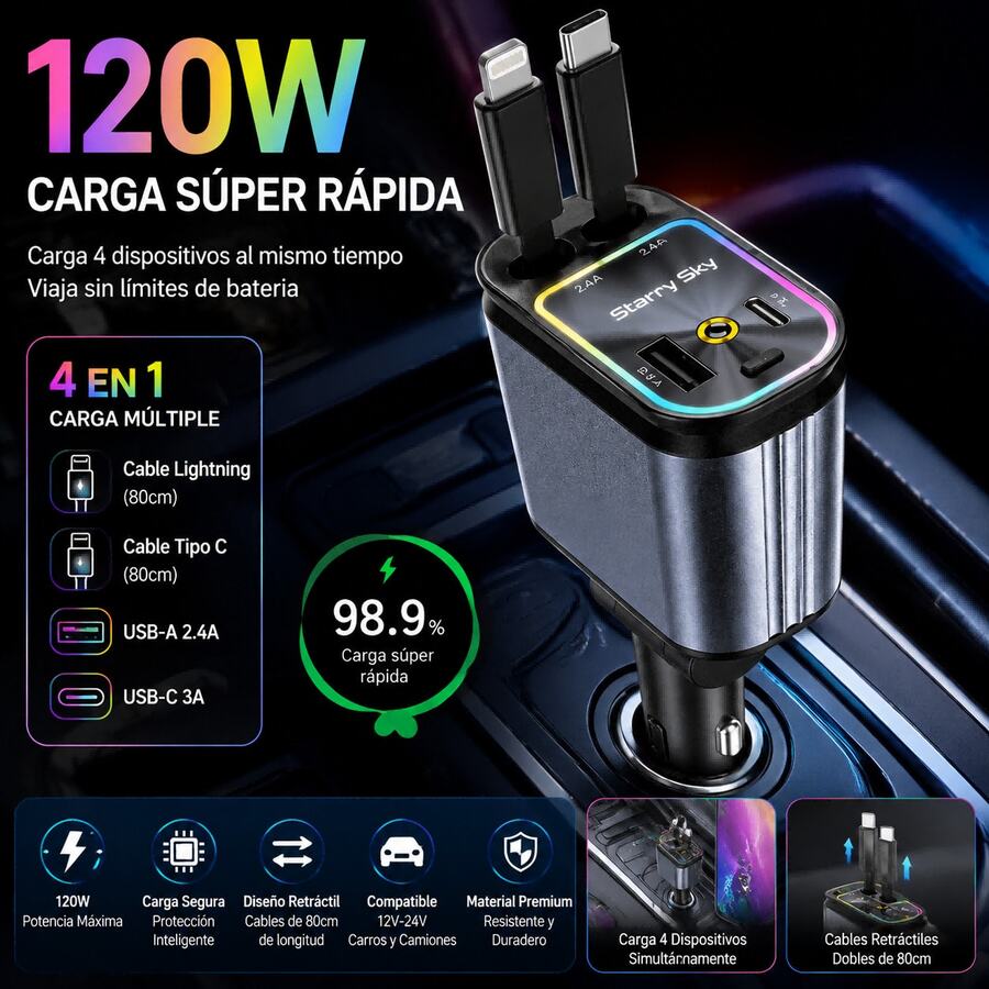 5-In-1 120W Retractable Car Charger | Dual PD Ports & Retractable Cables | 7-Color Ambient Light & Red Starry Sky Projector | Compatible With Apple & Android