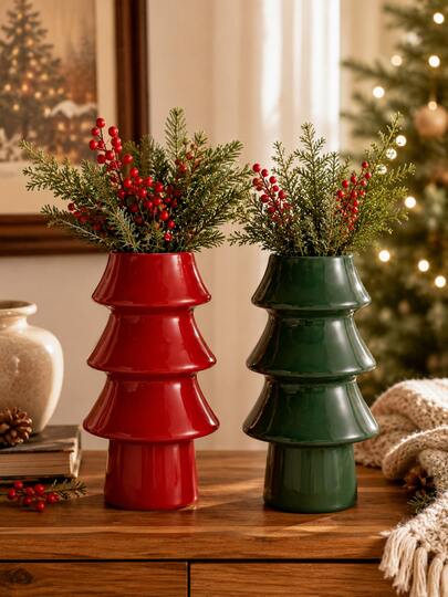 Juego de jarrones con forma de árbol de Navidad, maceta con forma de árbol rojo y verde, decoraciones navideñas para el hogar, adornos de escritorio, decoraciones navideñas para el jardín, decoraciones navideñas rojas y verdes para interiores y exteriores, decoraciones para el hogar y el patio.