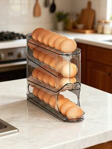 Minimalist Transparent Gray 4-Tier Egg Storage Box, PP Plastic Automatic Rolling Egg Dispenser Organizer Rack, Large Capacity Slide-Rail Refrigerator Kitchen Home Daily Food Storage Rack - Multicolor - View 6