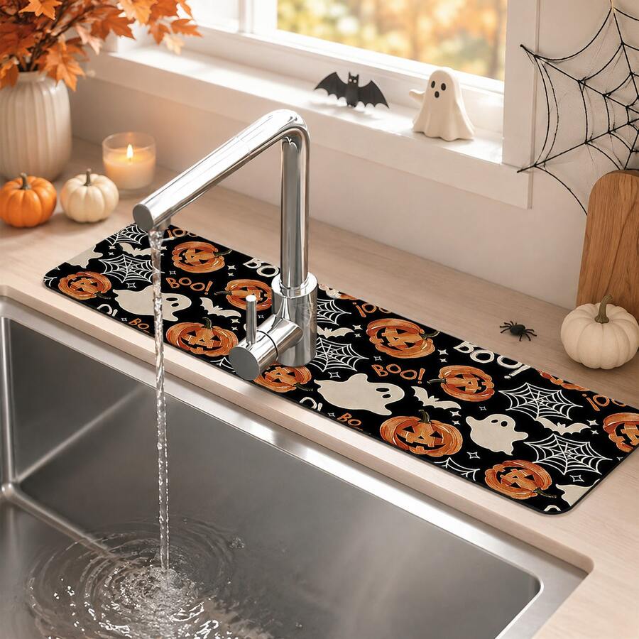 1pc Halloween Faucet Cover, Create Holiday Atmosphere, Bathroom Faucet Splash Guard, Pumpkin Ghost Pattern Faucet Pad, Kitchen Countertop Accessory, Halloween Kitchen Dining Table Accessory, Sink, Moisture-Proof Absorbent Pad, Absorbent Draining Pad, Multi-Functional Absorbent Non-Slip Pad - Multicolor - View 1