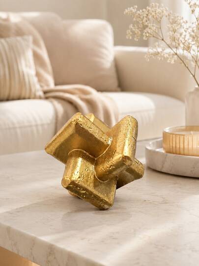 Golden Geometric Knot Resin Tabletop Statue, Modern Abstract Decorative Sculpture, Luxury Home Ornament For Coffee Table Shelf Mantel, Ideal Housewarming Gift For Living Room Office Display