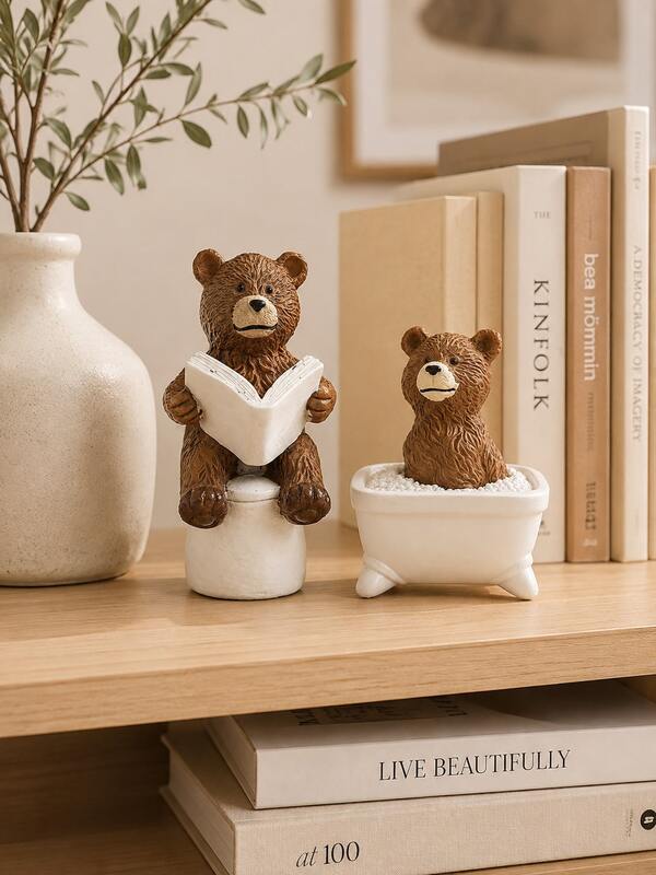 1pc Cute Bear Bathroom Decor, Funny Reading Bear Or Bathtub Bear Figurine, Decorative Animal Statue For Bathroom Counter Shelf Toilet Tank Bookshelf, Rustic Home Accent