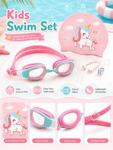 Children's Swim Goggles Set, Cute Printed Swim Cap, Colorblock Design, Adjustable Goggles With Earplugs And Nose Clip, Swimming Pool Water Play Equipment - Green - View 2