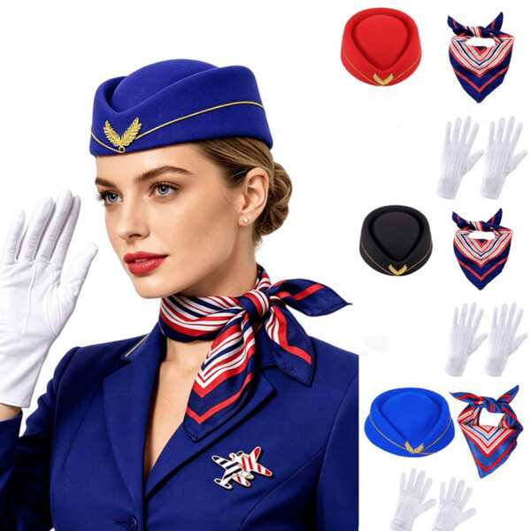 Halloween 3-Piece Costume Set, Flight Attendant Outfit Accessories Set, Includes Flight Attendant Hat, Scarf And Gloves, Suitable For Aviation Theme Party, Role Play, Costume Party And Stage Performance Props.