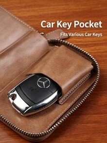Vintage Genuine Leather Key Holder For Men, Large Capacity Key Case For Car Keys & Cards, Anti‑Lost Portable Key Pouch For Daily Travel - Khaki - View 7