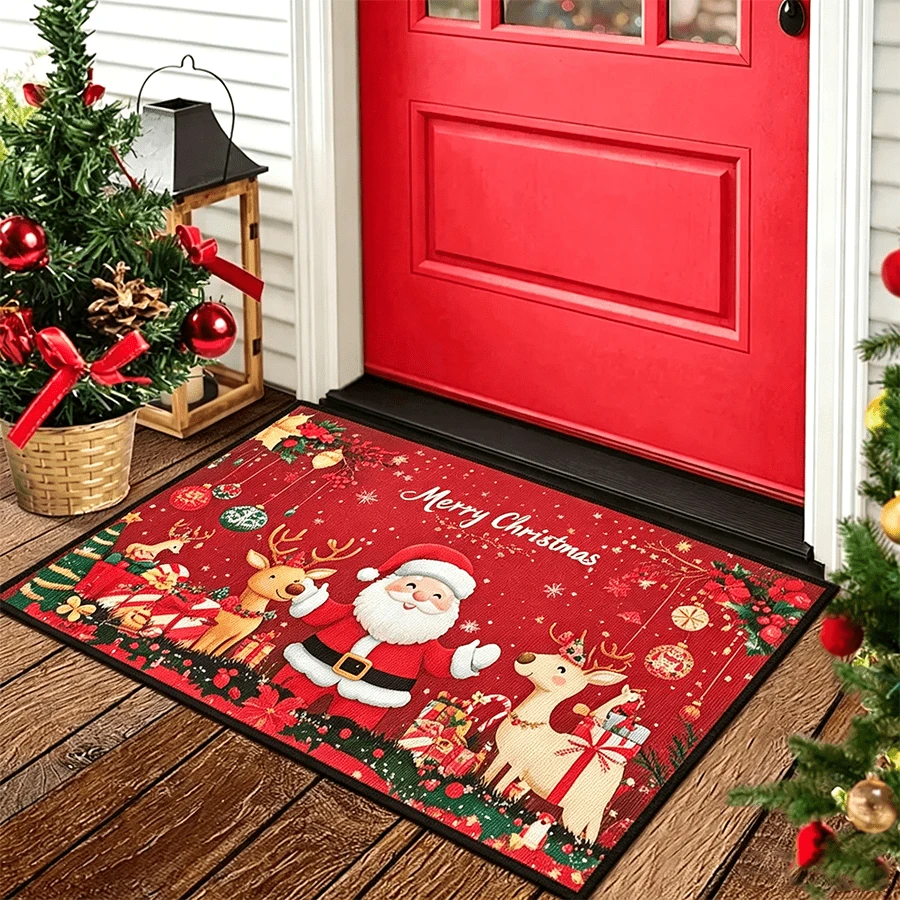 1pc Christmas Theme Welcome Doormat, Red Santa Claus & Reindeer Pattern, Suitable For Room Decor, Floor Mat, Bedroom Carpet, Kitchen Mat, Home Decor, Entryway Mat And Bathroom Mat, Ideal Christmas Gift For Family And Friends - A - View 1