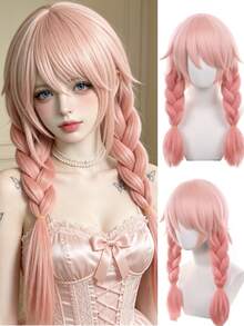 Pink Double Pigtails Cosplay Wig 18 Inch Synthetic Wig With Bangs, Cute Anime Costume Wig, Suitable For Halloween Party - Pink Ombre - View 3