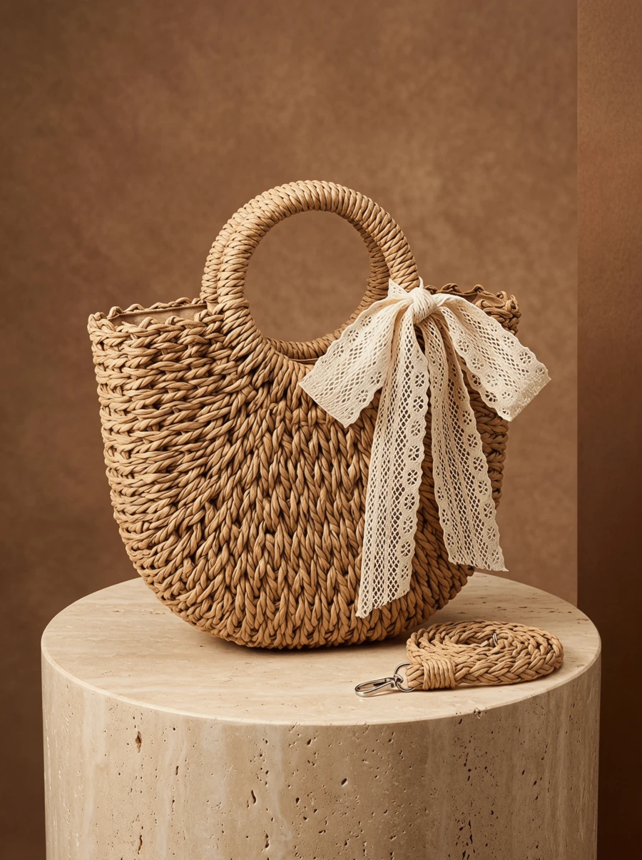 CAJUNI Straw Crossbody Shoulder Bag, Daisy Decor, Handmade Coin Purse - Khaki - View 1