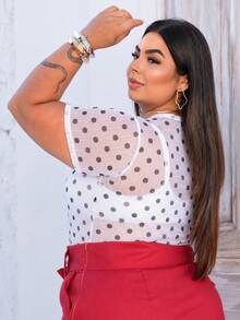 Blusa tule manga curta Plus-size - Branco Poá - Visão 2