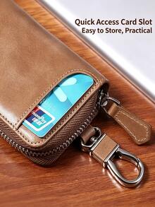 Vintage Genuine Leather Key Holder For Men, Large Capacity Key Case For Car Keys & Cards, Anti‑Lost Portable Key Pouch For Daily Travel - Khaki - View 8