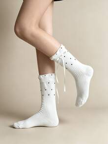 1/3 Pairs All-Season Breathable Versatile Polka Dot Bow Slouch Mid-Calf Socks - Multicolor - View 9