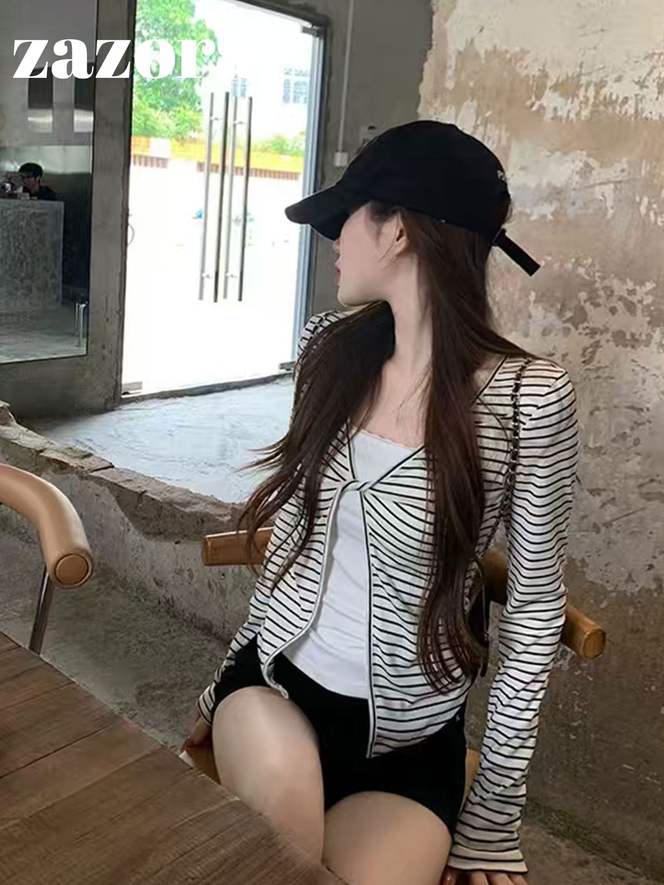 White With Black Stripes 2 In 1 Long Sleeve T-Shirt, Korean Style Slim Fit High-End Flattering Short Top - White - View 1