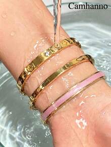 Camhanno Set Gelang Ukir Bertatahkan Warna Kontras 3 Buah, Perhiasan Pergelangan Tangan Stainless Steel Tahan Lama, Cocok untuk Kencan dan Acara Sehari-hari untuk Wanita - Emas - View 9