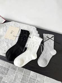 1/3 Pairs All-Season Breathable Versatile Polka Dot Bow Slouch Mid-Calf Socks - Multicolor - View 10