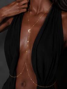 1pc Crescent Moon & Star Rhinestone Long Body Chain, Adjustable Y-Shaped Design, Sparkling Body Jewelry For Evening Party - Rhinestones - View 3