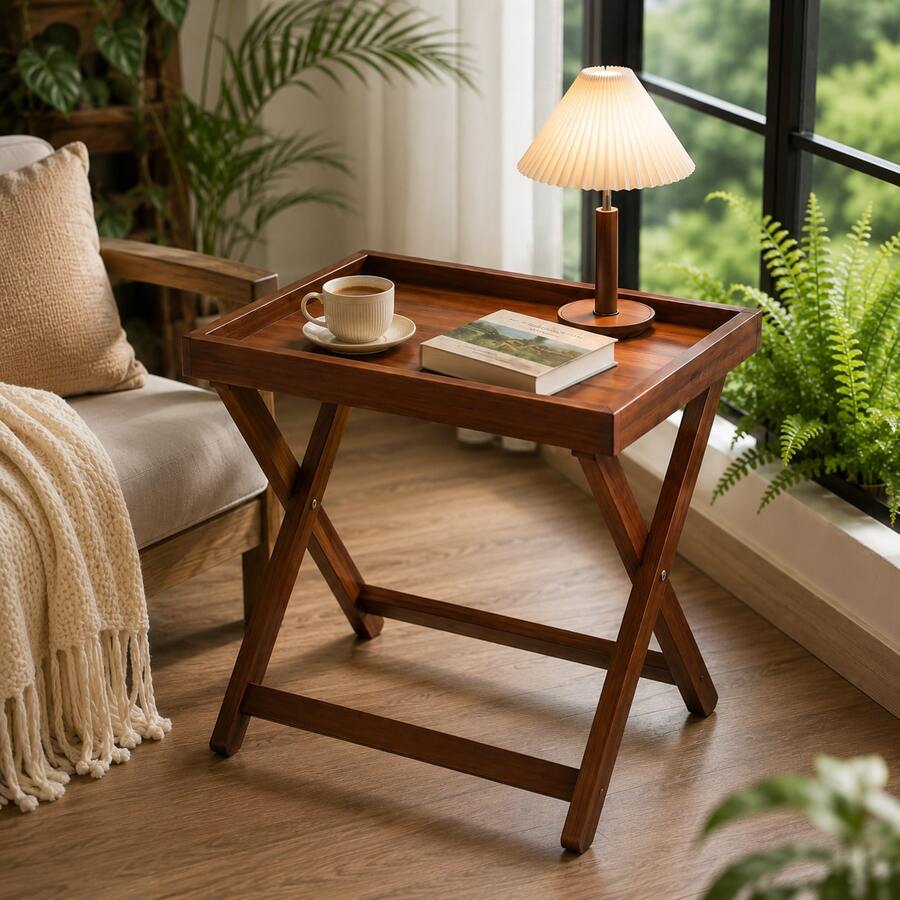 可折疊側邊桌 便攜式折疊托盤桌 緊湊型沙發邊桌 適合成人、長輩與學生使用 適用於客廳、臥室、陽台、宿舍與辦公室 適合放置咖啡、零食、書籍、閱讀及日常收納 - 棕色 - 查看 1