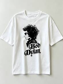 Bob Dylan Schwarz-Weiß Seitenprofil Silhouette Baumwoll T-Shirt Klassische Folk Musik Retro Kunst Unisex Lässig T-Shirt - Weiss - Übersicht 4
