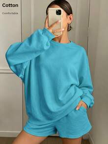 Women's Casual Oversized Sweatshirt & Track Shorts Set Rib-Knit Drop Shoulder Round Neck Two-Piece Outfit, Slight Stretch Fabric - Lake Green - View 3