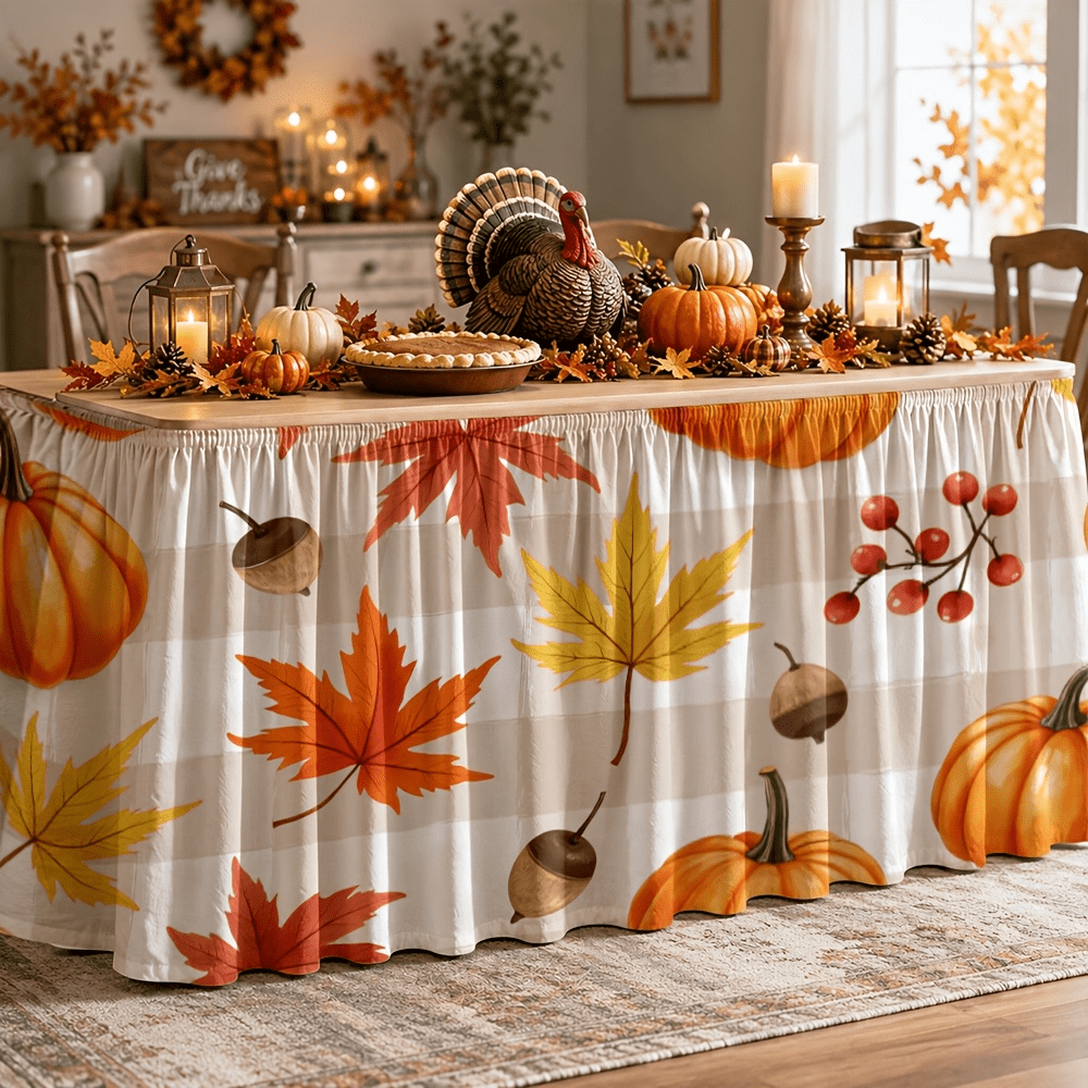 1pc Autumn Harvest Table Skirt, Decorated With Pumpkin, Maple Leaf, Acorn And Berry Patterns - Rustic Farmhouse Style Rectangular Tablecloth, Suitable For Wedding, Party, Birthday, Autumn Kitchen Decor, Creating A Warm And Cozy Dining Atmosphere