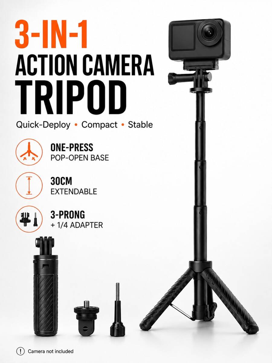 3-In-1 Quick Deployment Selfie Stick Tripod With 3-Prong Base And 1/4" Screw Adapter, 30cm Extendable Handle, Compatible With Osmo Action, Ace/Ace Pro, Suitable For Vlog, Travel, Selfie And Desktop Shooting