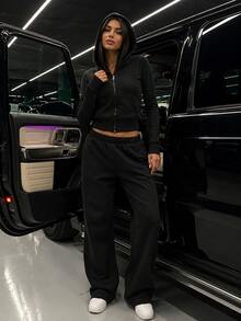 Halloween Y2K 2 Pieces Sports Set, Letter Rhinestone Zipper Hoodie + High-Waist Straight Leg Sweatpants, Slim Fit Streetwear Sports Outfit - Black - View 4