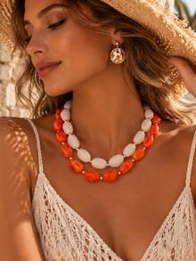 2pcs Bohemian Fashion Vintage Elegant Exquisite Asymmetrical Geometric Natural Stone Beaded Necklace Set For Women, Suitable For Daily Casual, Outings, Banquets, Music Festivals, Parties, Beach Vacation, Summer Jewelry Gift - Multicolor - View 2