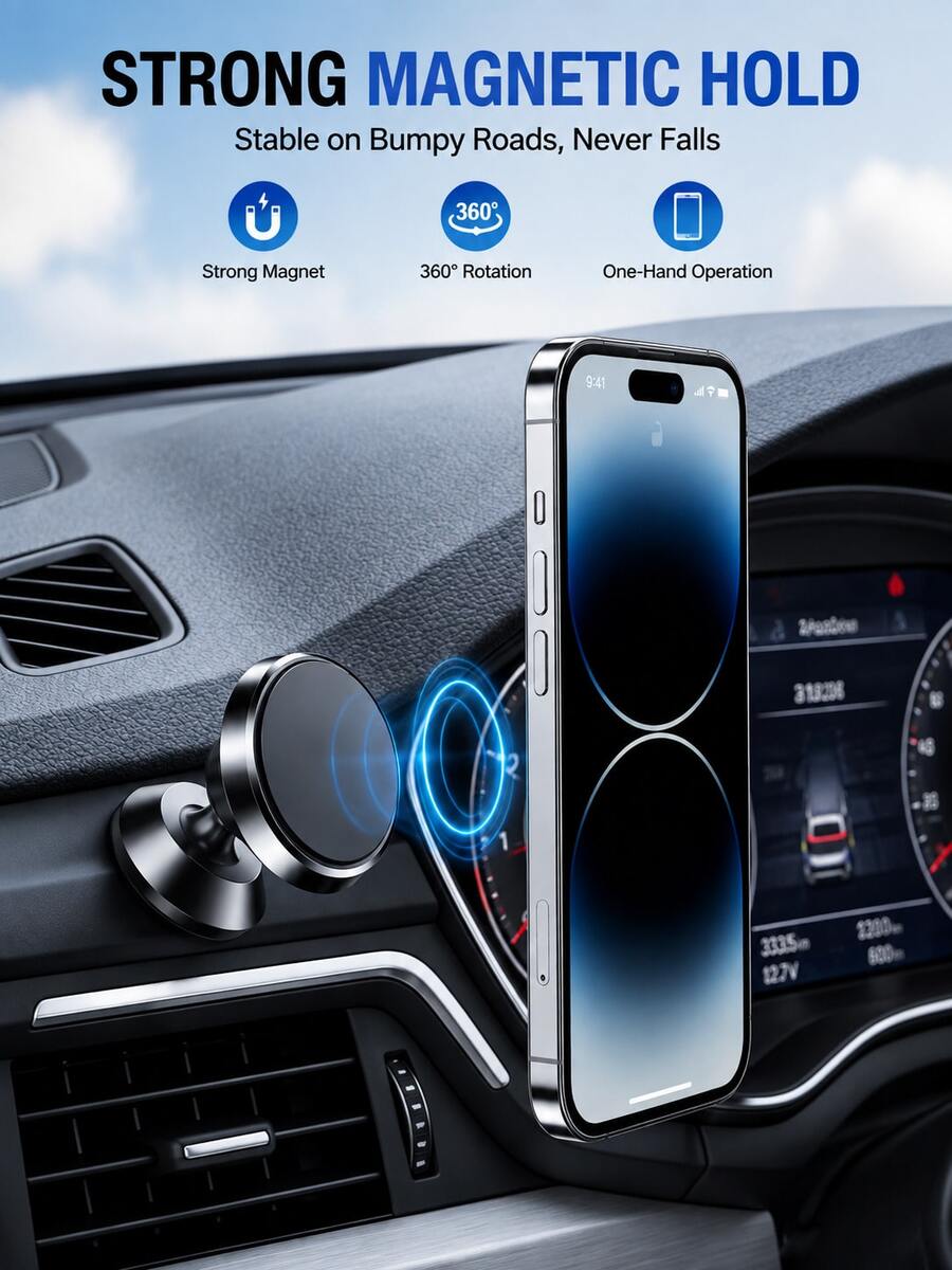 1pc Iron Alloy Magnetic Car Handheld Support Bracket, Strong Magnetic Side Handheld Support, Car Steering Wheel Fixed Handheld Support, Car Interior Accessory, Road Trip Essential, Summer Travel Gear, Father's Day Gift, Memorial Day