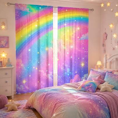 2pcs Dreamy Gradient Rainbow Cloud Print Decorative Curtains, No-Drill Rod Pocket Design, Easy Installation And Removable, Polyester Material, Suitable For Living Room, Bedroom And Other Dreamy Y2K Style Home Decor