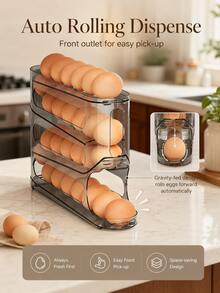 Minimalist Transparent Gray 4-Tier Egg Storage Box, PP Plastic Automatic Rolling Egg Dispenser Organizer Rack, Large Capacity Slide-Rail Refrigerator Kitchen Home Daily Food Storage Rack - Multicolor - View 2