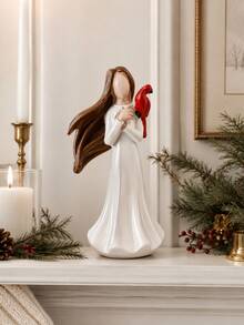 1pc Women Statue Holding Red Cardinal, Red Cardinal Memorial Sculpture, Elegant White Dress Women Sculpture, Suitable For Living Room Bookshelf Fireplace Mantel Bedroom, Memorial Compassion Home Decor Gift - Classic - View 3