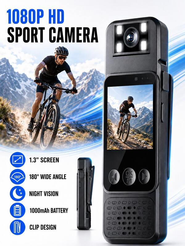 Kamera portabel HD 1080P ini memiliki layar berwarna, perekaman audio dan video, lensa yang dapat diputar 180°, baterai isi ulang (hingga 6 jam penggunaan), empat lampu penglihatan malam, dan desain magnetik serta penjepit di bagian belakang, sangat cocok untuk penggunaan pribadi, perekaman video olahraga, dan pekerjaan rapat.
