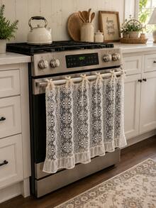 Beige Hollow Crochet Lace Oven Door Curtain With Bow‑Tie Straps & Ruffled Hem,Dishwashers Cover,Polyester Kitchen Stove Cover,Semi‑Sheer Stove Front Decor Cover,Rustic Farmhouse Cottage‑Style Kitchen Wall Decoration,Home Entryway Shoe Racks Ornament. - Beige - View 3