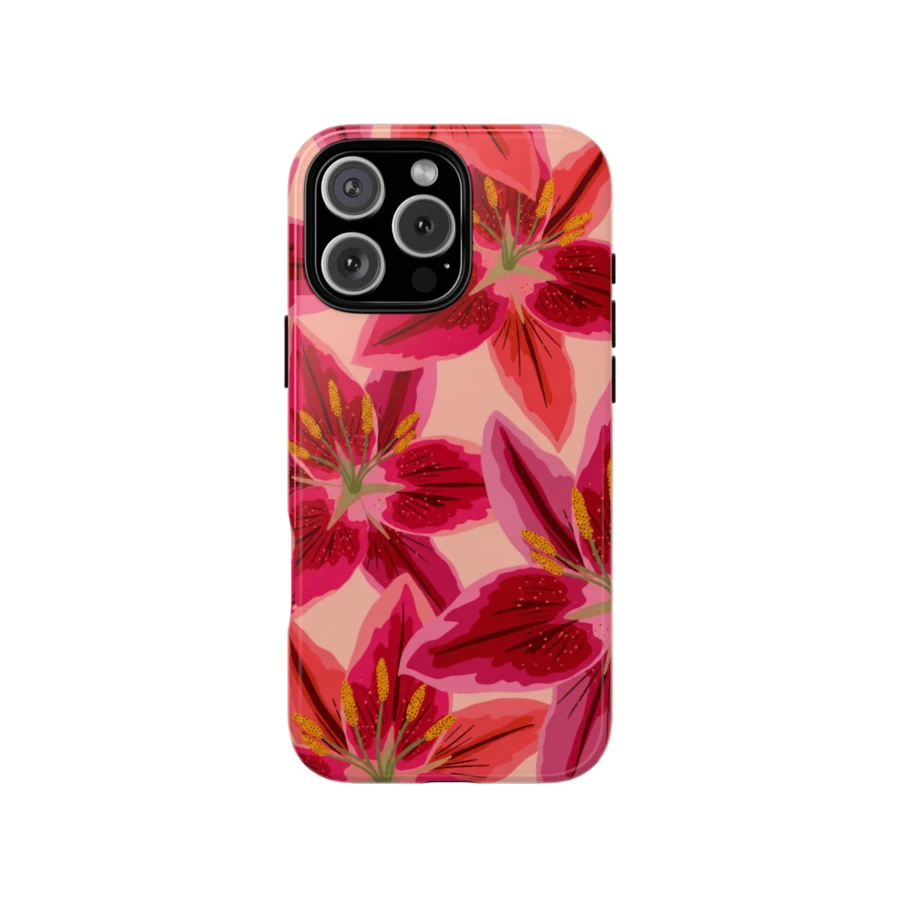 Lily Floral Phone Case Colorful Abstract Flowers Pink Phone Case Lily Scatter Design Phone Cover Compatible With IPhone 16 15 14 13 12 11 Pro Max - Red - View 1