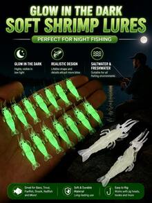 16pcs Glow-In-The-Dark Shrimp Shaped Fishing Lures - Glow Soft Plastic Lures With Hooks | Realistic Freshwater And Saltwater Fishing Gear, Simulated Shrimp Rig, Suitable For Night Fishing - Multicolor - View 4