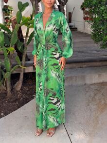 Kliou Tiger Stripe Print Deep V-Neck Backless Lantern Sleeve Long Dress Beach Party - Green - View 5