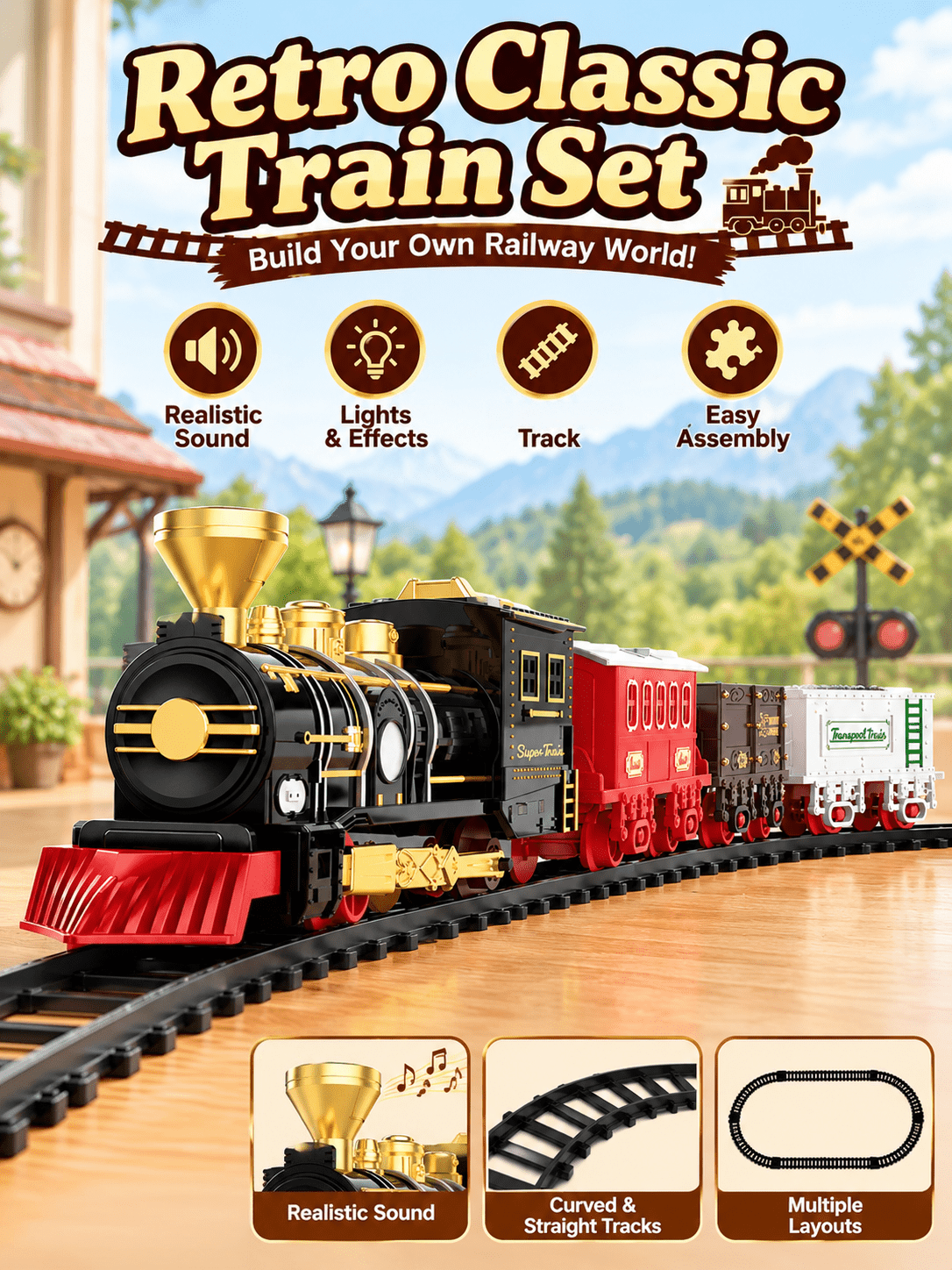 Vintage Train Track Set With Electric Lights And Music, Classic Railway Toy Train DIY Assembly Locomotive Model, Interactive Educational Toy For Kids, Boys And Girls, Party Game, Suitable For Christmas, Halloween, Holiday Tree Decoration, Back To School, Vacation, Birthday Gift