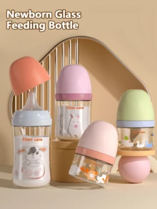 1pc 80ml/2.82oz, 240ml/8.11oz Mini Standard Neck Glass Baby Bottle, Suitable For 0-3 Months/3 Months And Above, Borosilicate Glass, Meets Different Stage Needs, Cute Pattern, Fully Detachable, Suitable For Newborn Gift, Christmas Gift - Multicolor - View 2