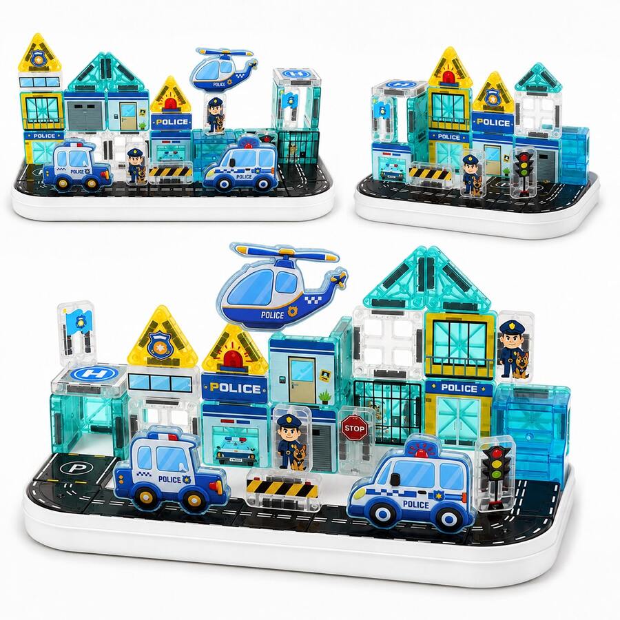 Mini Magnetic Tiles Colorful Window City Police Theme Children's Educational Building Blocks Toy, Travel Portable Version With Storage Tin Box, Mini Magnetic Tiles Educational Assembly Magnetic Blocks, Perfect Birthday Gift For Boys And Girls