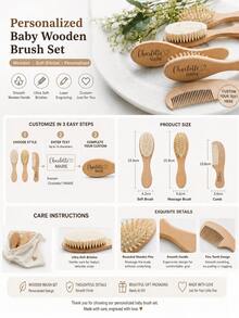 3pcs Customized Text Wooden Baby Hair Brush Gift Set, Personalized Name Baby Brush Comb Bath Gift, Baby Keepsake Gift, Back To School Gift, Multi-Functional - Wood Color - View 2