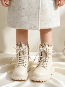 1 Pair Fashion Classic Lace-Up Boots With Metal Eyelets, Side Zipper, Workwear Style, Cute Cat Ear Design, Comfortable And Soft, Suitable For Daily Wear, Campus Commute, All-Season Versatile - Beige - View 3