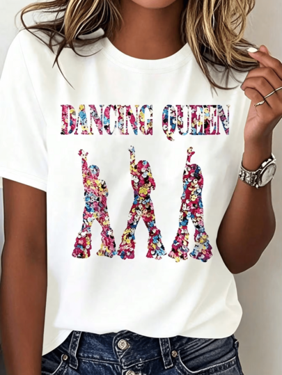 Women's 100% Cotton Sequin Dancing Queens Disco Dancer Silhouette Graphic Short Sleeve Tee Party T-Shirt