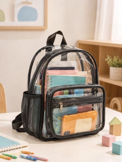 1pc Transparent PVC Backpack For Kids, Minimalist Frame Design, Large Capacity Visualized Storage School Bag, With Front Pocket And Side Pockets, Multi-Compartment Lightweight Backpack, Suitable For Students School, Daily Outings, Travel, Outdoor Activities, Fashionable Versatile Unisex Style