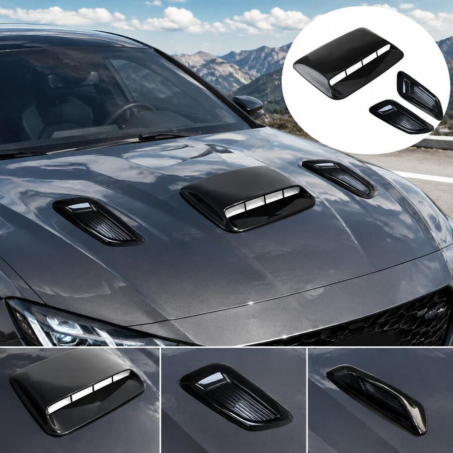 3 PiecesUniversal Car Hood Scoop Vent Cover Set – Glossy Black ABS Fake Air Intake Decoration For Engine Bonnet, Exterior Styling Accessory (40cm X 28cm)